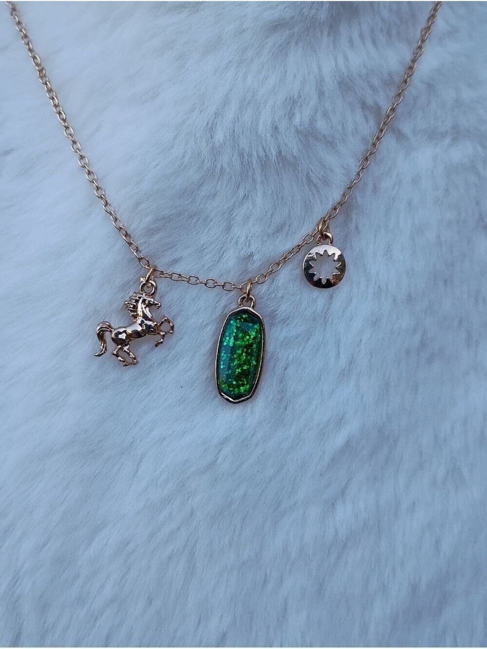 2/$10 August Girl Gold Necklace with Peridot Green Iridescent Stone and Charms